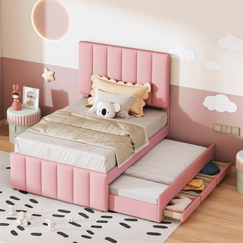 Kinderbett Polsterbett 90x200 cm,Einzelbett mit Ausziehbarem Bett & 3 Stauraum Schubladen für 2 Kinder, Jugendbett Gästebett Schlafsofa mit Lattenrost,Verstellbares Kopfteil,Leinen,Rosa,Ohne Matratze
