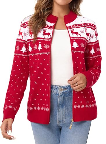 Sykooria Cardigan da Donna con Zip Natalizio Maglione Natale a Maniche Lunghe Invernale con Cerniera Cardigan di Natale con Motivo Renne Fiocco di Neve, Rosso L