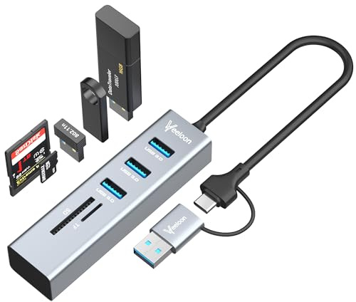 Veeloon Hub USB C, divisor de concentrador USB 3.0 de 3 puertos con adaptador USB A, lector de tarjetas SD/TF, expansor USB portátil 5 en 1 para PC, portátil, MacBook, Xbox, unidad flash, disco duro,