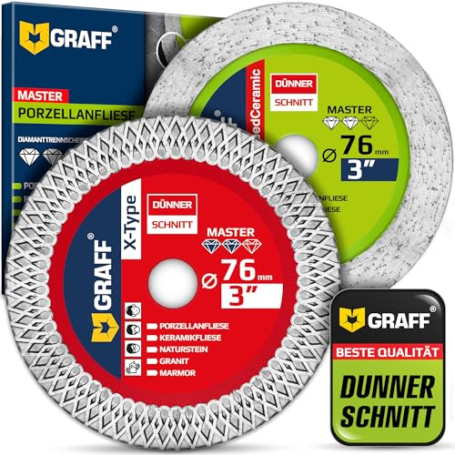 Feinsteinzeug Diamantscheibe 76mm für harte Fliesen, Marmor, Granit, Keramik – SET 1.2mm Super Dünne Diamanttrennscheibe für Geradschleifer und Mini-Winkelschleifer – Diamant Trennscheibe GRAFF