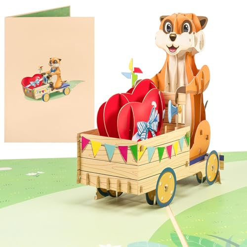 Sweetpopup® 3D Pop-Up Karte Erdmännchen mit Herz – Liebevolle Glückwunschkarte für Geburtstag, Valentinstag, Muttertag & Vatertag – Ideal um Ich liebe dich oder Danke zu sagen / 055