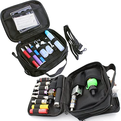 lanrigorid Funda de transporte para vapeo con almohadilla de espuma y bandas antideslizantes y bolsillos para guardar botellas de líquido y bobinas y tanques RDA RBA con cinturón de hombro, Black