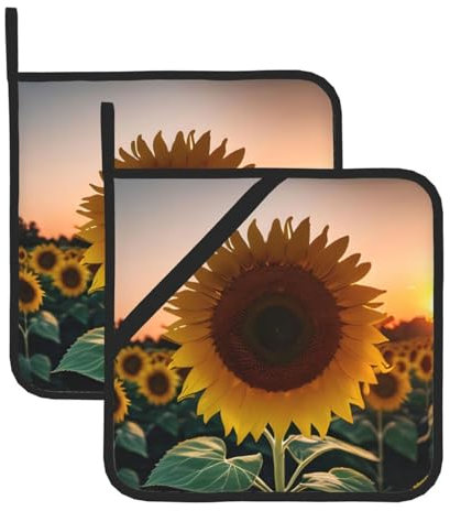 Set di 2 presine a forma di girasole e tramonto, da cucina, per cuocere a microonde, servire il forno e grigliare