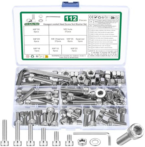 112 Stk M8 Schrauben Set, Zylinderschrauben Muttern Set, Sechskantschrauben mit Muttern Set, Gewindeschrauben mit Innensechskant Schrauben Set, Maschinenschrauben Sortiment mit Unterlegscheiben Set
