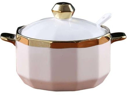 BTBTB Azucarero con tapa, azucarero de cerámica, azucarero de doble asa con tapa y cuchara, tarro de cerámica de color sólido de 18 oz for almacenar azúcar(Wit,Phnom Penh)