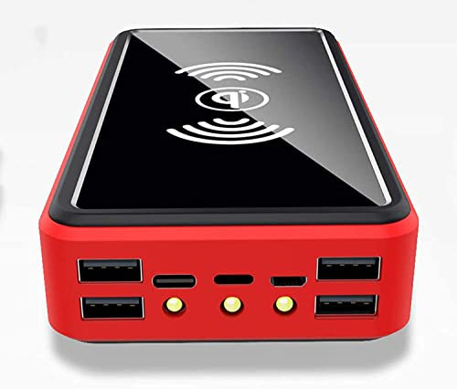 Batterie Externe Solaire sans Fil 100 000 mAh, 4 entrées et 5 Sorties, avec Lampe de Poche LED, pour iPhone, Samsung, etc., Rouge