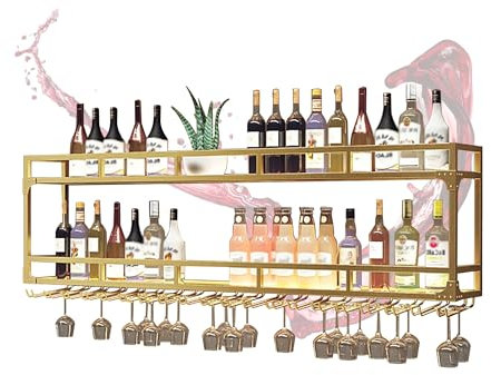 WXZXWXZX Weinregal Metall Flaschenregal Schmal Wand mit Licht Bar Regal Weinschrank mit Weinglashalter Regal Küche Wand für Bartheke Wohnzimmer Küche Esszimmer(Gold,2 Layers_150CM)
