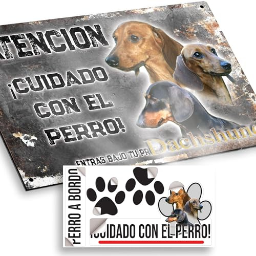 Teckel Cartel de Cuidado con el Perro 20x12,5cm - Diseño Vintage Dibond con Pegatina Coche Premium 20x5cm