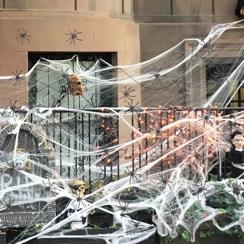 Ragnatela di Halloween, ragnatele decorazioni di Halloween, 60 ragni finti in plastica+200 g di ragnatela decorazioni di Halloween, ragnatele elastiche per la decorazione della casa (200 g)