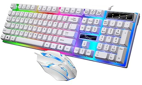 Combo Clavier Souris Filaire USB 104 Touches Abs Blanc pour Jeu | Rétroéclairage LED Multicolore, Touches Flottantes, Rebond Ferme, Trous D’évacuation, Usage PC