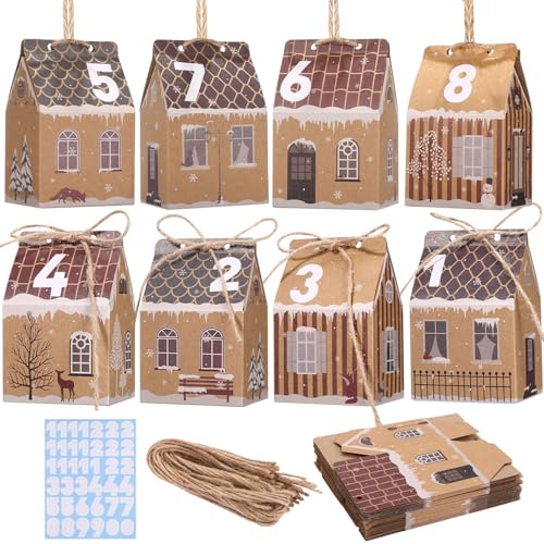 Adventskalender zum Befüllen, 24 Häuschen-Schachteln zum Basteln | Kleine Geschenkboxen als DIY Bastelset mit Zahlenaufklebern, zum Aufhängen oder Aufstellen, für Kinder und Erwachsene
