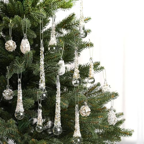 FillTouch 24 Pcs Christmas Glass Icicle Drop Ornaments Vintage Crystal Teardrop Hanging Ornaments Raindrop Transparent Chandelier Pendant Decorations Christmas Tree Winter Party Supplies (Gold Foil)