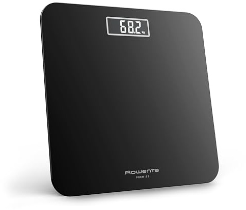 Rowenta Premiss 2.0, Bilancia da Bagno con Display LCD Facile da Leggere, Capacità 160Kg, Design Moderno e Funzioni Intelligenti, Auto Accensione e Spegnimento Automatico, Colore Nero, BS1800V0