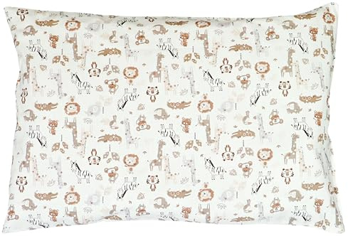 Balbina Kissenbezug 60 x 40 cm für Kinder & Babys, Kopfkissenbezug 100% Baumwolle, für Kinderzimmer, Kinderwagen oder Kinderbett, Baumwoll-Kopfkissenbezug mit Reißverschluss, Tiere in Zoo/beige/Weiß