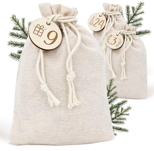 AMARI ® Adventskalender zum Befüllen Stoff – 24 Jutesäckchen mit Holzanhängern & Kordel – Weihnachtskalender Säckchen zum Selber Befüllen & Basteln