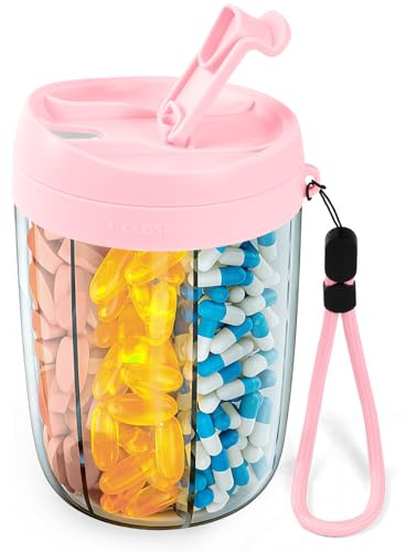 Fefod Pill Organizer, Pill Dispenser with 6 Large Compartments, Portable Pill Bottle Box with Wide Opening for Easy Use, Tablet Organiser Anti-Mix Pills, Medicine Storage Box to Hold Vitamins