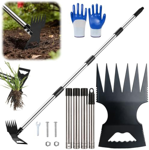 Extracteur de mauvaises herbes de 150 cm avec long manche, 2 en 1 très résistant, râteau manuel et binette, outil de jardinage pour jardin, pelouse, terrasse, jardin