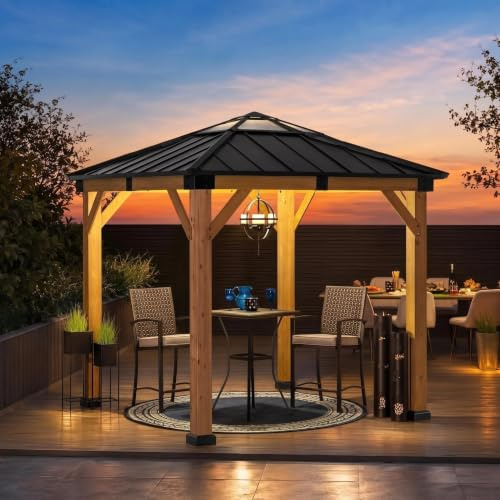SUNJOY 2,7×2,7 m Holzpavillon mit lichtdurchlässigem Dachfenster, Pavillon Holz wasserdicht stabil Winterfest, Hardtop Stahldach, 14 cm Pfosten, Gartenpavillon für Terrasse & Deck