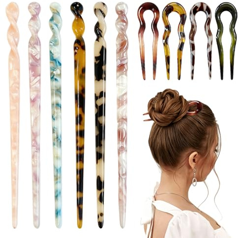 cetate Hair Sticks for Buns, 10 Pcs Tortoise Hair Chopsticks U-Shaped Hairs Pins Vintage French Hairs Forks Hairstyling Accessories for Women Girls