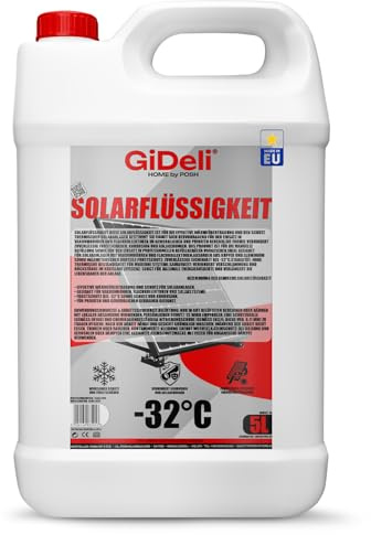 GiDeli Liquide solaire 5 l - Protection contre le gel - Mélange prêt à l'emploi jusqu'à -32 °C - Propylène glycol non toxique - Protection fiable contre la corrosion - Efficacité thermique maximale