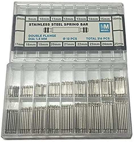 MMOBIEL Spring Walking Set 8-25mm - Verktyg för klockarmband - 216 stycken - 18 olika storlekar vardera 12x - Ersättspennor gjorda av rostfritt stål - inklusive 1 bit klockmakerverktyg
