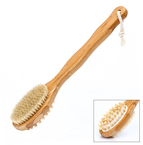 MCUILEE Spazzola a Secco Setole Naturali e Esfolianti Doccia e Bagno, e migliora l’aspetto della pelle, in materiali naturali con lungo manico in legno e setole di cinghiale