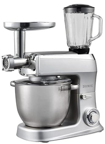 ROYALTY LINE, Robot Multifonction 2100W Argenté RLPKM2100BG-SIL, Bol en Acier Inoxydable 7,5L, Hachoir à Viande, Bocal en Verre 1,5L, Vitesses Inclinées, Protection Sécurisée
