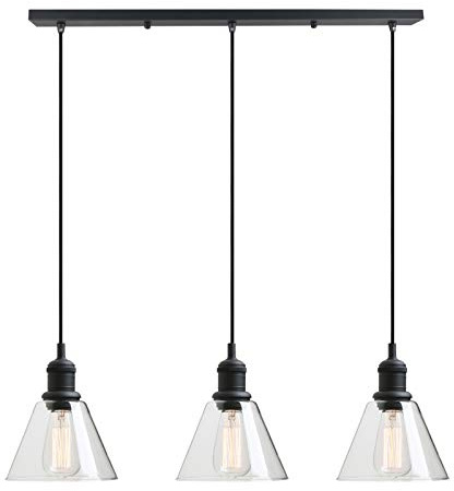 Yosoan Lighting Industrial Vintage Chandelier Loft Bar Black 3 Way Pendant Light Fitting Glass Shade,Hanging Cluster Ceiling 3 Light Fixture for Kitchen Dining Room Living Room Restaurant (Black)