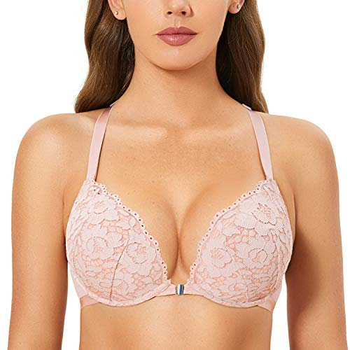 DOBREVA Donna Reggiseno Push Up Apertura Frontale Pizzo con Ferretto con Imbottito Scollatura Profonda Rosa Nudo 6B