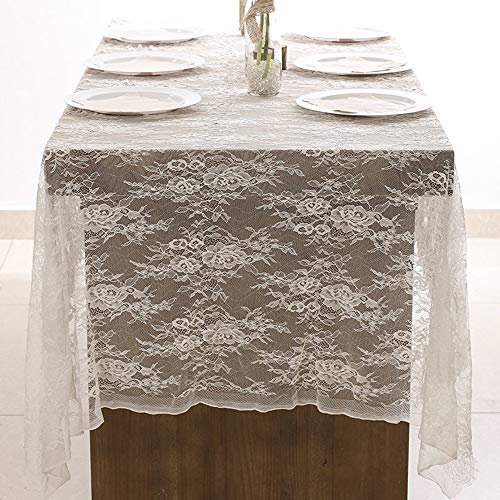 DÉCOCO Weiße Spitze Tischdecke 150 * 300cm in Spitzenauflage Vintage Bestickte Spitzeauflage für Hochzeit Vintage Rezeption Dekor Sommer Outdoor Party Boho Hochzeit Tisch Dekor