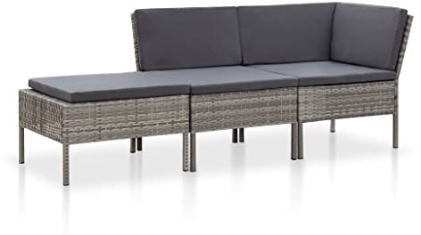 vidaXL Gartenmöbel 3-TLG. mit Auflagen Sitzgruppe Garten Garnitur Lounge Sofa Sitzgarnitur Gartenset Gartensofa Ecksofa Mittelsofa Fußhocker Poly Rattan Grau