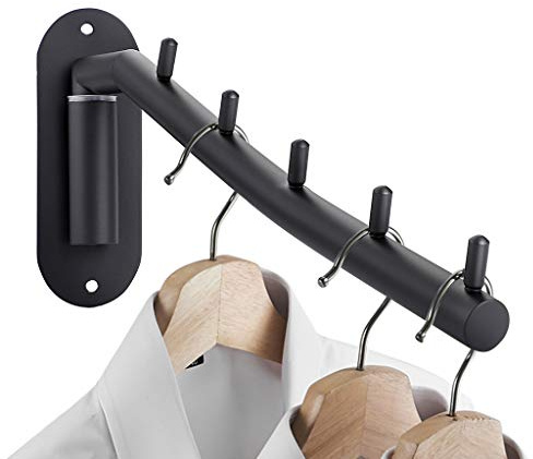 Sumnacon Stainless Steel Clothes Hanger Rack-Wall Mount Garment Hook with Swing Arm, Sturdy Coat Robe Storage Organizer for Laundry Room Bedrooms Clothing Drying Rack with 5 Hooks, Black