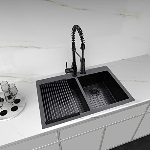 Zeesink Black Kitchen Sink,33 X 22 inch Drop in Kitchen Sinks Double Bowl,16 Gauge Stainless Steel 50/50 Double Sink,Top Mount/Drop In Double Kitchen Sink 33 inch