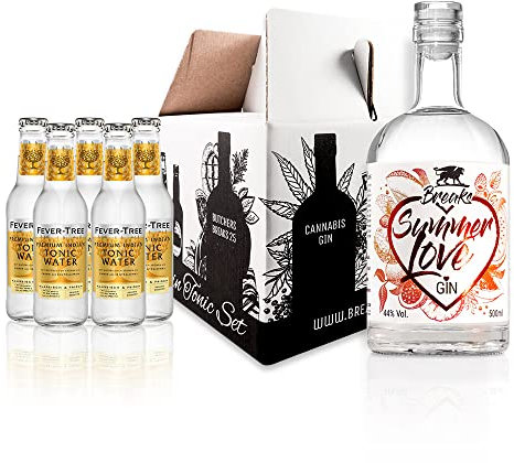 Breaks SUMMER LOVE Gin – Genießer Set I Premium Gin mit verschiedenen Früchten + 5 Flaschen Fever Tree Tonic Water I Gin Geschenkset I Exklusiver Gin – Handgemacht in Deutschland I 44% vol.