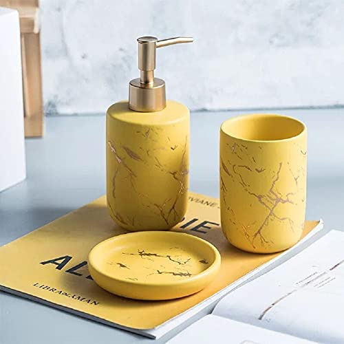 FülleMore Keramik Bad Accessoires Set luxuriös Marmor Optik 3-teiliges Badezimmer Zubehörset aus Seifenspender Seifenschale Zahnputzbecher (Gelb)