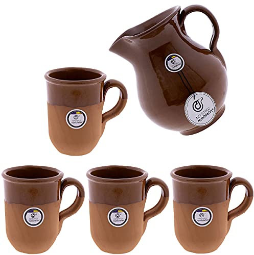 CERÁMICA RAMBLEÑA | Juego jarra cerveza | Juego vasos de cerveza 4 unidades | Juego vaso jarra x4 barro rojo y jarra1.5 litros | 4 jarras 350 ml