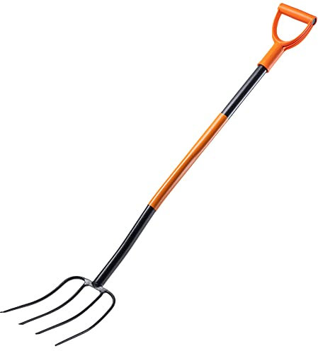 KADAX Spatengabel aus Stahl, 132 cm Lange Gabel, Heugabel, Grabgabel zum Umgraben, ergonomische Gartenforke, Mistgabel, Gabel mit D-Griff, Gartengabel (4 Zinken, schwarz/orange)