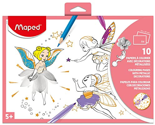 Maped - Aktivitäten zum Ausmalen - Papier zum Malen - Designs mit metallischen Verzierungen - Glänzender Effekt - 10 verschiedene Illustrationen - 21 x 29,7 cm
