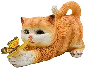 MISNODE Statues de chat pour décoration de jardin, simulation de chatons en résine avec papillon, joli chat tenant une lumière solaire, figurine de chat orange pour terrasse extérieure