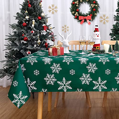 CAROMIO Mantel Navidad, Mantel Verde Rectangular 137x200cm, Cubierta de Mesa de Comedor Oxford Resistente al Agua y sin Arrugas con Patrón de Copo de Nieve para Cocina Fiesta Decoración del hogar