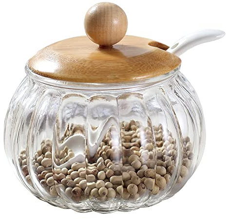 Salt Cellar, 8 Oz / 250 ML Clear Glass Container with Bamboo Lid and Spoon, Cute Pumpkin Condiment Jar, Storage Canister with Scoop, Kitchen Countertop Seasoning Bowl for Sugar, Spice, Pepper