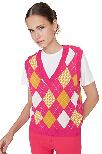 Trendyol Suéter de Punto básico con Cuello en V para Mujer, Fucsia, S