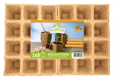 FLORTUS 5 cm Anzuchttöpfe quadratisch auf Holzfaser Basis | 168 Stück | Pflanztöpfe für nachhaltige Gartenarbeit | 100% biologisch abbaubar, torffrei | Ideal für die Aussaat von Gemüse, Obst und mehr
