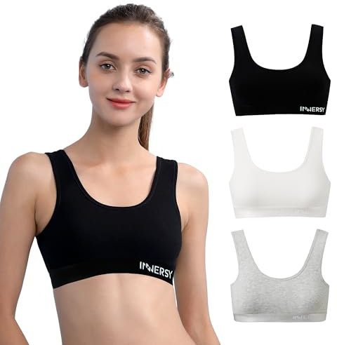 INNERSY Girls Sports Bra Cotton Crop Tops Non Padded Training Bras Kids to Teens 6-16 Years 3 Pack