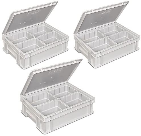 BRB 3x Euro-Deckelbehälter mit 4 Einsatzkästen 1/4, LxBxH 400x300x130 mm, grau