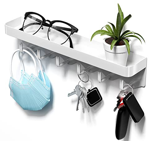 Newaner Schlüsselbrett mit Ablage und 6 Haken Weiss, Platzsparendes Organizer Schlüsselablage, Schlüsselboard Ohne Bohren Wandmontage für Schlüssel Aufbewahrung an Eingang, Hängen Küchenbesteck