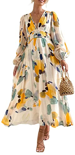 Women's Boho Floral Midi Dress V Neck Smocked Beach Flowy Dress Puff Sleeve Chiffon Swing Long Dress Beach Tiered Sundress (Orange 2, XL)