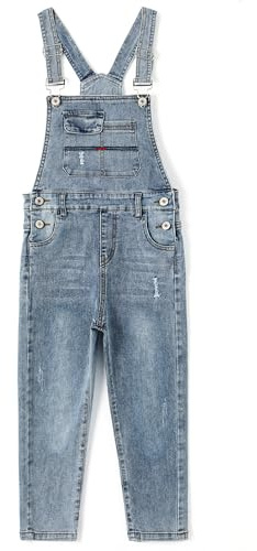 KIDSCOOL SPACE Jeans Slim Fit per Ragazzini, Salopette Strappata con Tasca alla Moda in Denim, Azzurro, 6-7 Anni