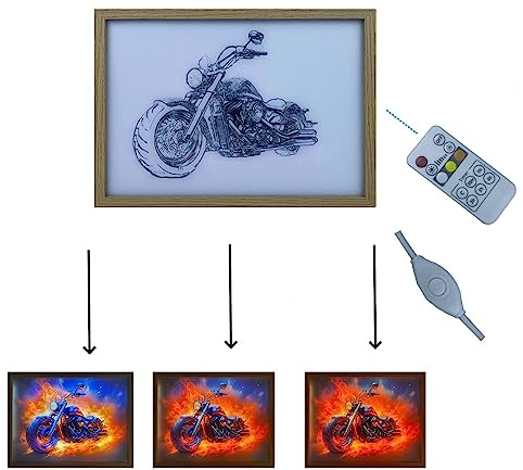 SHYAMIC Dipinto creativo illuminato, motivo motocicletta con fiamma infernale, per casa, camera, camera da letto e ufficio festa di compleanno -21.6 x 16.8 CM