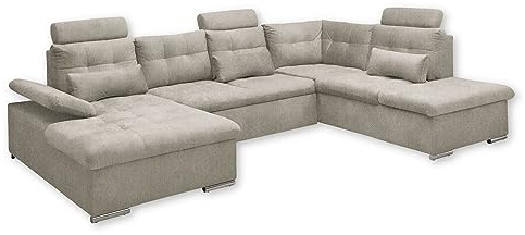 Medan Wohnlandschaft in U-Form, Stoffbezug Stone - Ausziehbares Sofa mit Schlaffunktion und Bettkasten - 324 x 107 x 170 (218) cm (B/H/T)